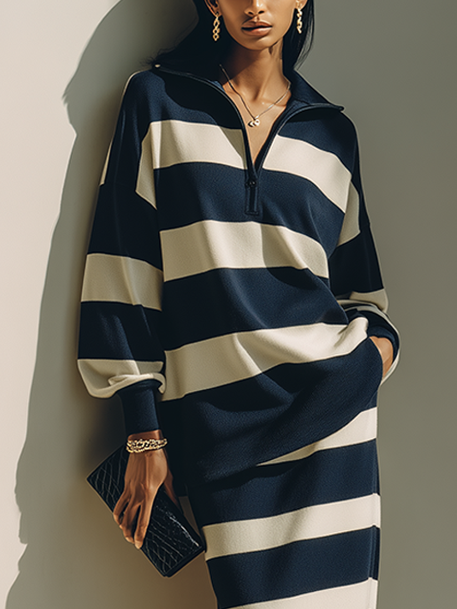 Women's Color-Block Striped Cotton-Blend Half-Zip Top & Midi Skirt Two-Piece Set