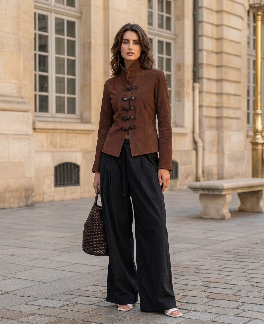 Women's Casual 2-Piece Set Brown Suede Long-sleeve Jacket And Black Woven Trousers