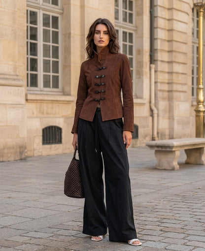 Women's Casual 2-Piece Set Brown Suede Long-sleeve Jacket And Black Woven Trousers