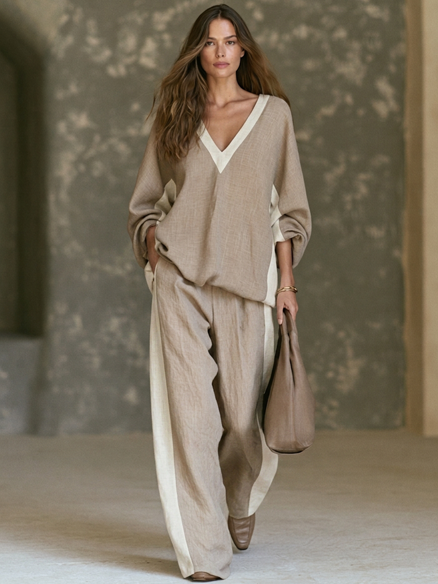 Women's Color-Block Linen-Blend V-Neck Top & Wide-Leg Pants Two-Piece Set
