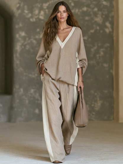Women's Color-Block Linen-Blend V-Neck Top & Wide-Leg Pants Two-Piece Set
