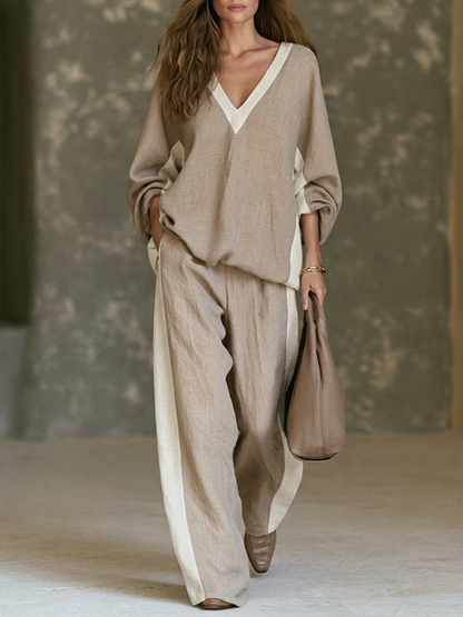 Women's Color-Block Linen-Blend V-Neck Top & Wide-Leg Pants Two-Piece Set