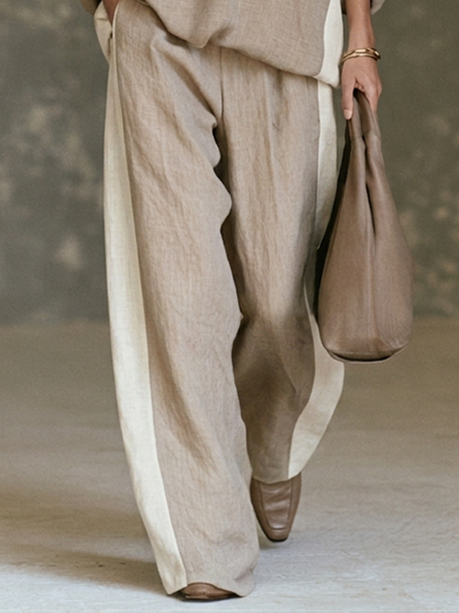 Women's Color-Block Linen-Blend V-Neck Top & Wide-Leg Pants Two-Piece Set