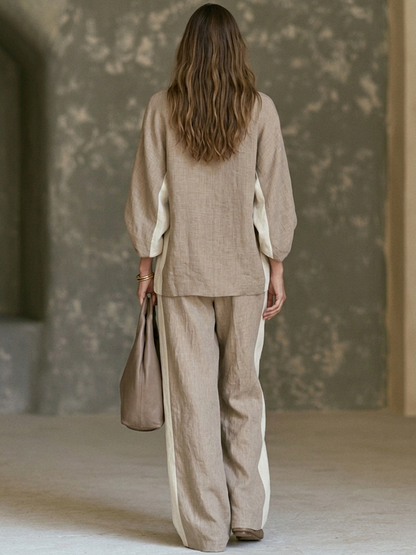 Women's Color-Block Linen-Blend V-Neck Top & Wide-Leg Pants Two-Piece Set