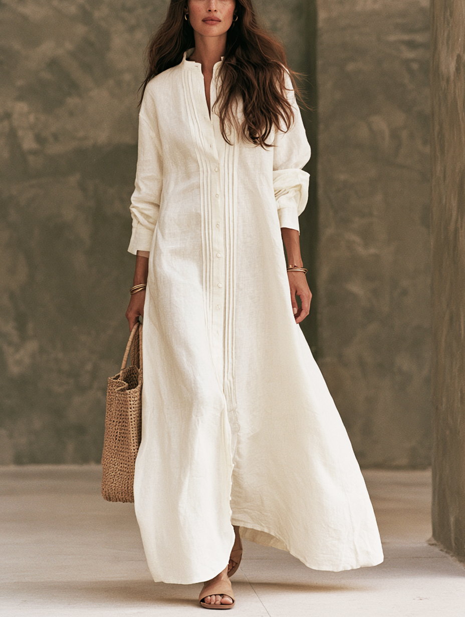 Women's Casual White Cotton-linen Long-sleeved Maxi Dress