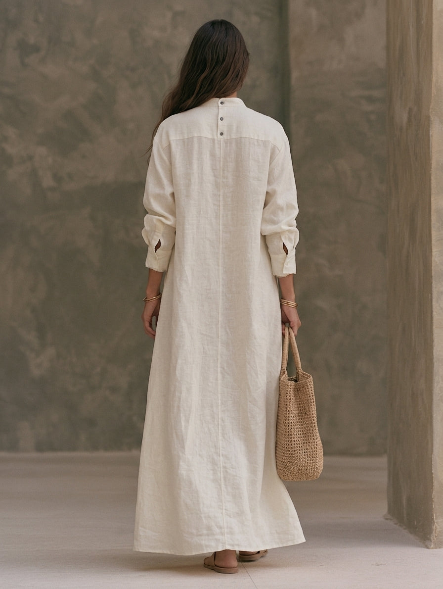 Women's Casual White Cotton-linen Long-sleeved Maxi Dress