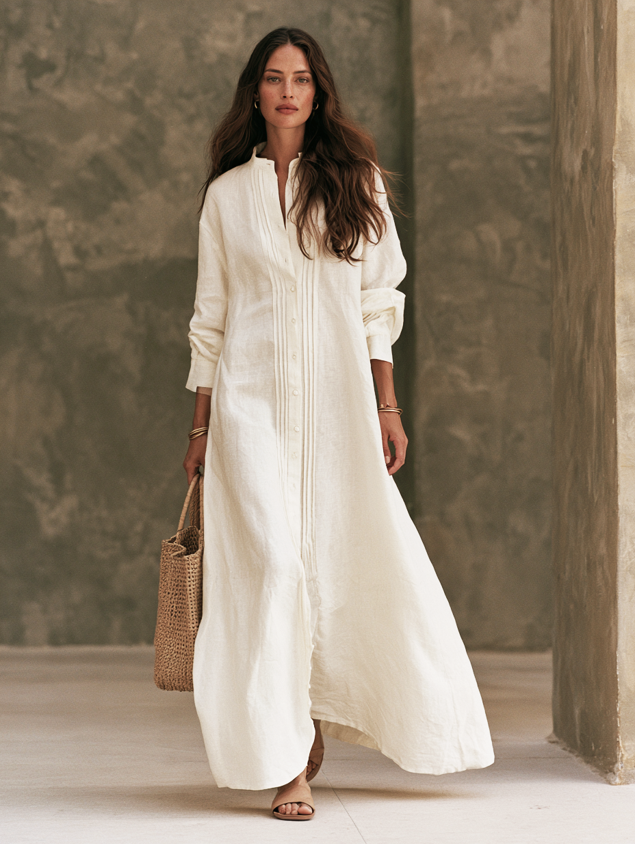 Women's Casual White Cotton-linen Long-sleeved Maxi Dress