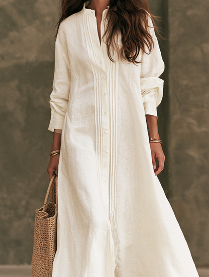 Women's Casual White Cotton-linen Long-sleeved Maxi Dress