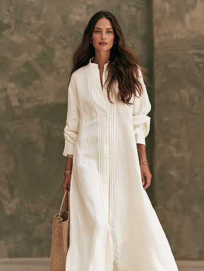 Women's Casual White Cotton-linen Long-sleeved Maxi Dress