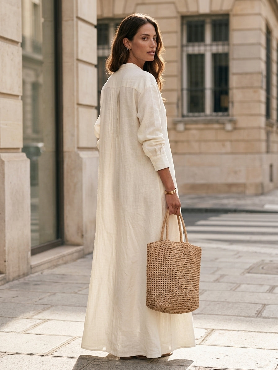 Women's Casual White Cotton-linen Long-sleeved Maxi Dress