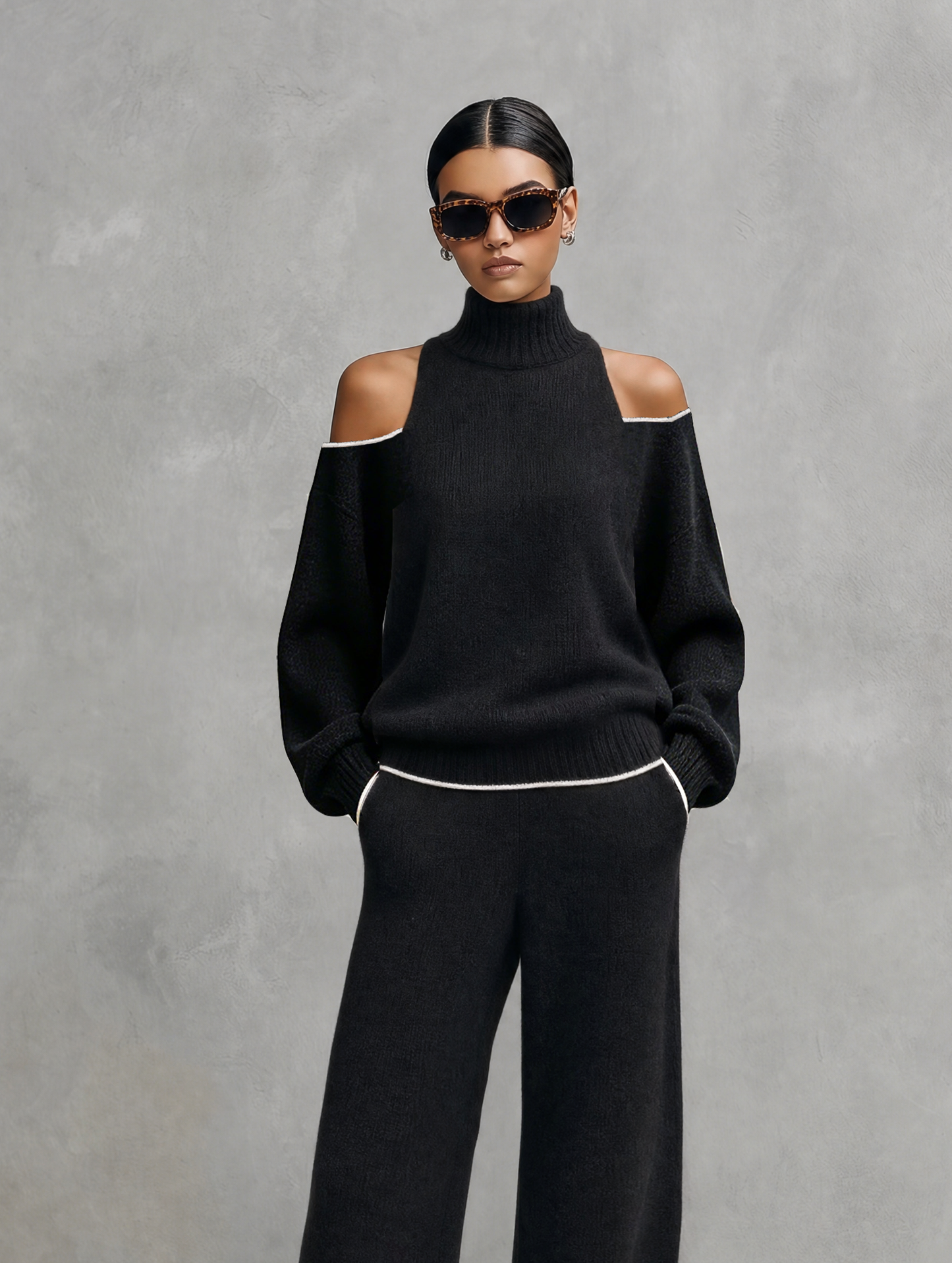 Women's Casual 2-Piece Set Black Long-sleeved Knit Top And Trousers