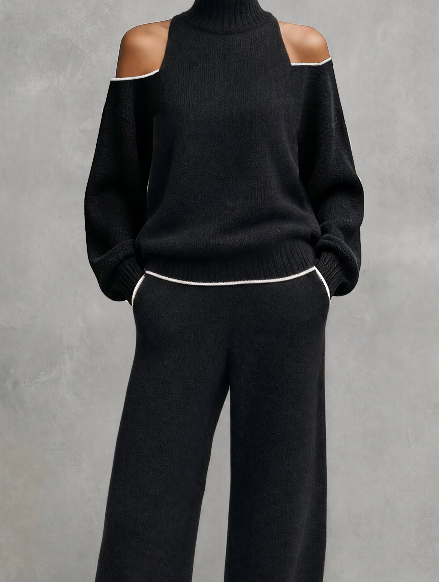 Women's Casual 2-Piece Set Black Long-sleeved Knit Top And Trousers
