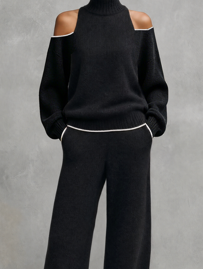 Women's Casual 2-Piece Set Black Long-sleeved Knit Top And Trousers