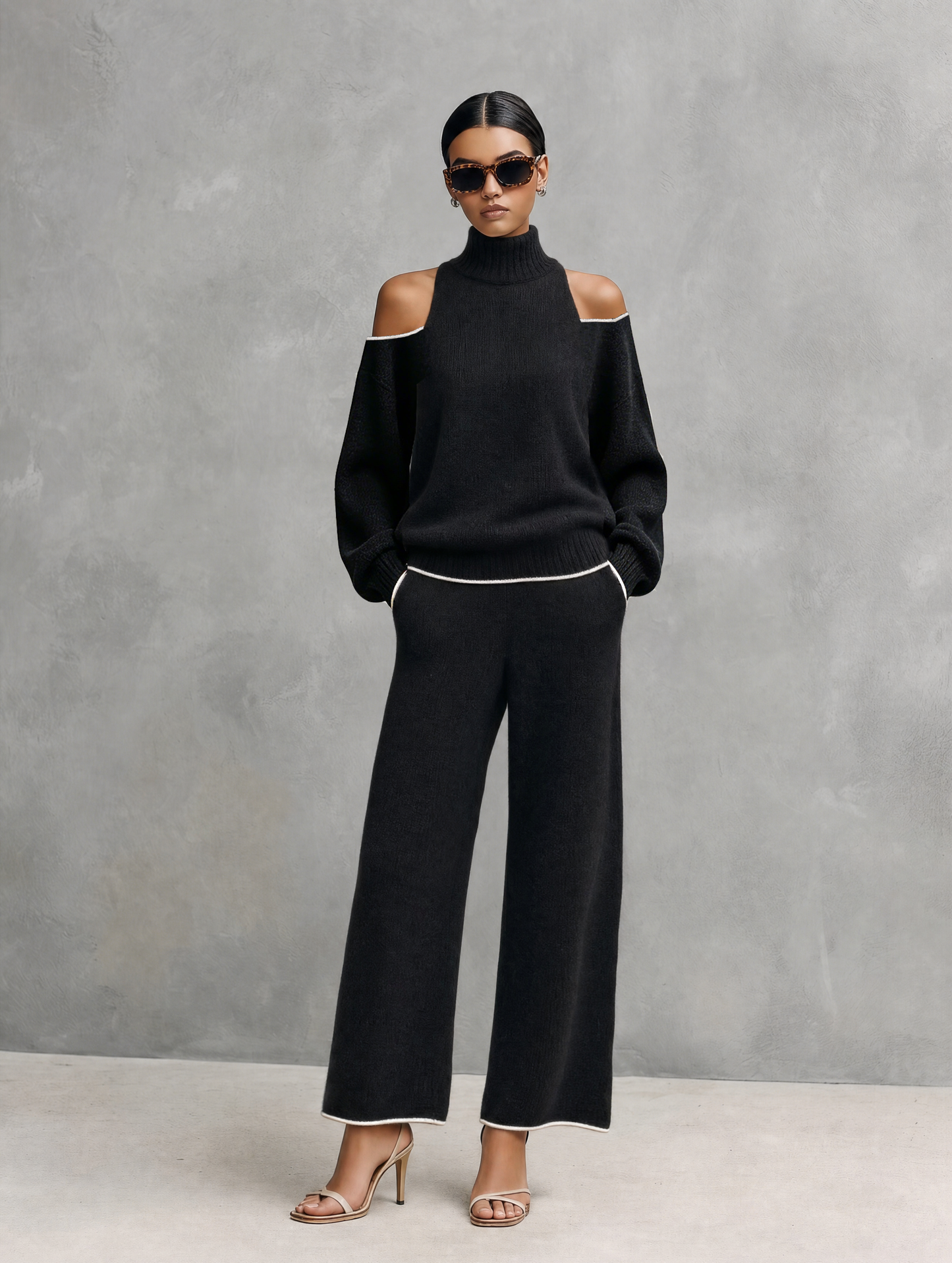 Women's Casual 2-Piece Set Black Long-sleeved Knit Top And Trousers