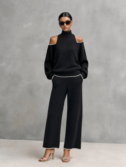 Women's Casual 2-Piece Set Black Long-sleeved Knit Top And Trousers