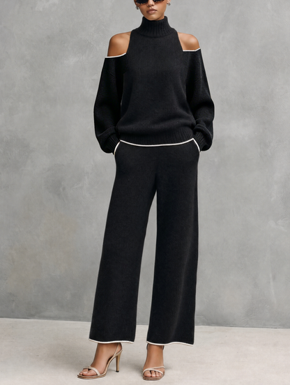 Women's Casual 2-Piece Set Black Long-sleeved Knit Top And Trousers