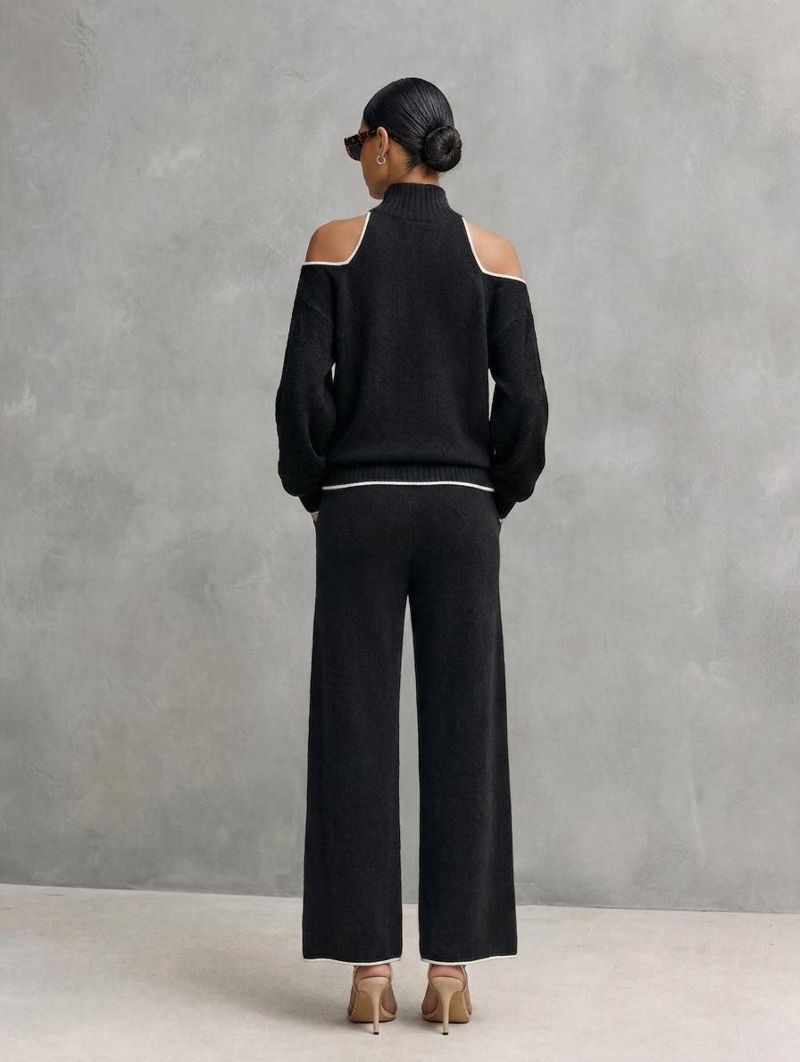 Women's Casual 2-Piece Set Black Long-sleeved Knit Top And Trousers