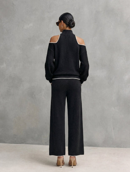 Women's Casual 2-Piece Set Black Long-sleeved Knit Top And Trousers