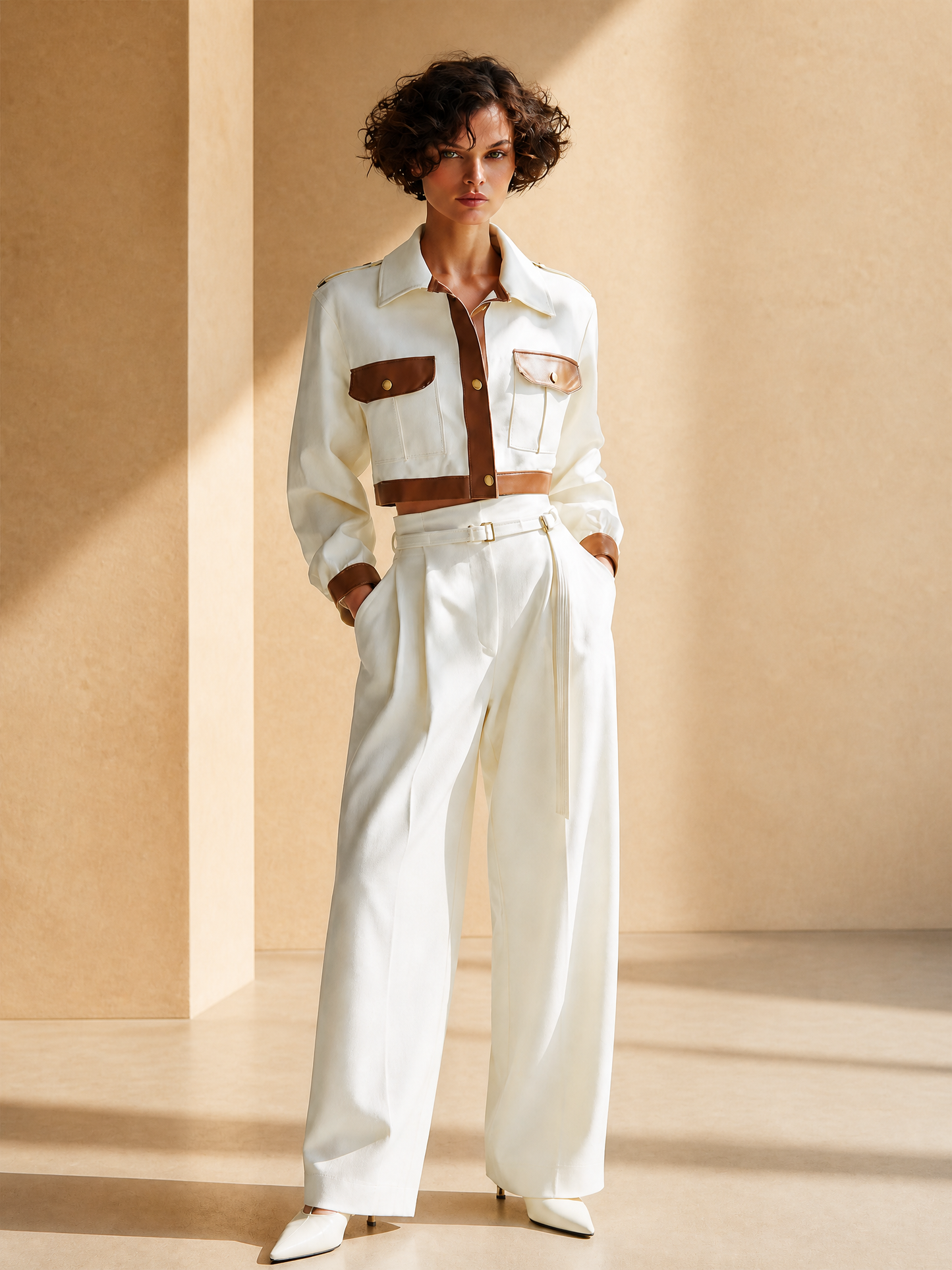 Women's Vintage Utility Off-white & Brown Contrast Cropped Jacket & Belted Wide-Leg Trouser Set
