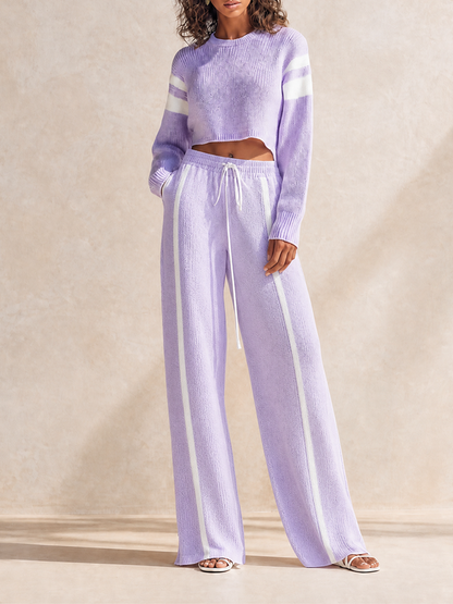 Women's Sporty Lavender Wool-Knit Contrast-Stripe Cropped Top & Drawstring Wide-Leg Trouser Set