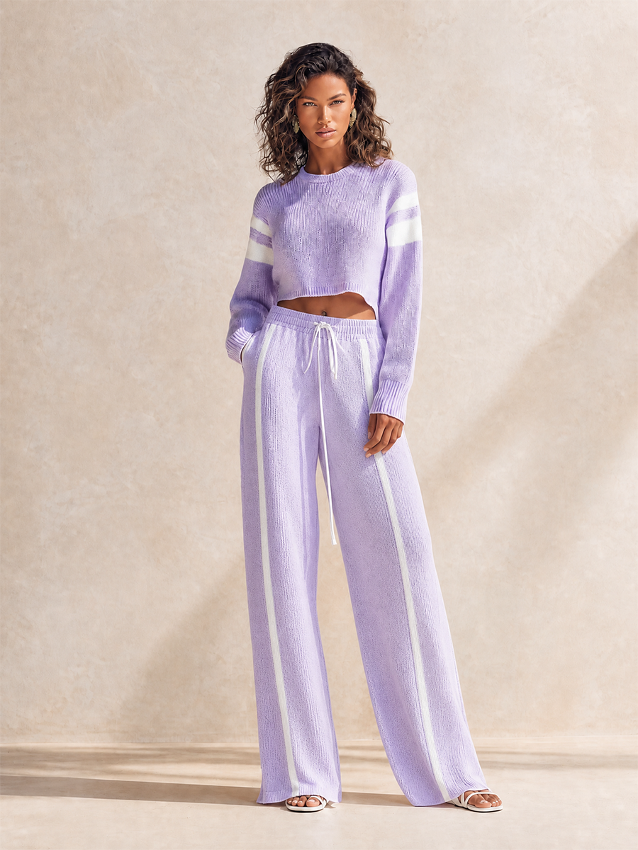 Women's Sporty Lavender Wool-Knit Contrast-Stripe Cropped Top & Drawstring Wide-Leg Trouser Set