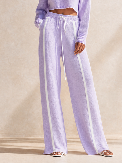 Women's Sporty Lavender Wool-Knit Contrast-Stripe Cropped Top & Drawstring Wide-Leg Trouser Set