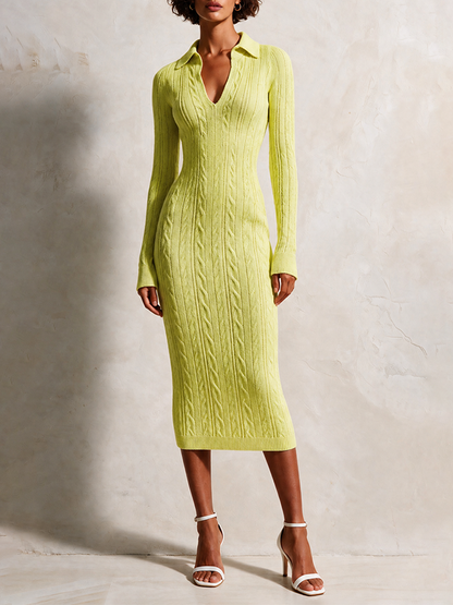 Women's Slim Cable-Knit Polo-Collar Long-Sleeve Bodycon Midi Dress