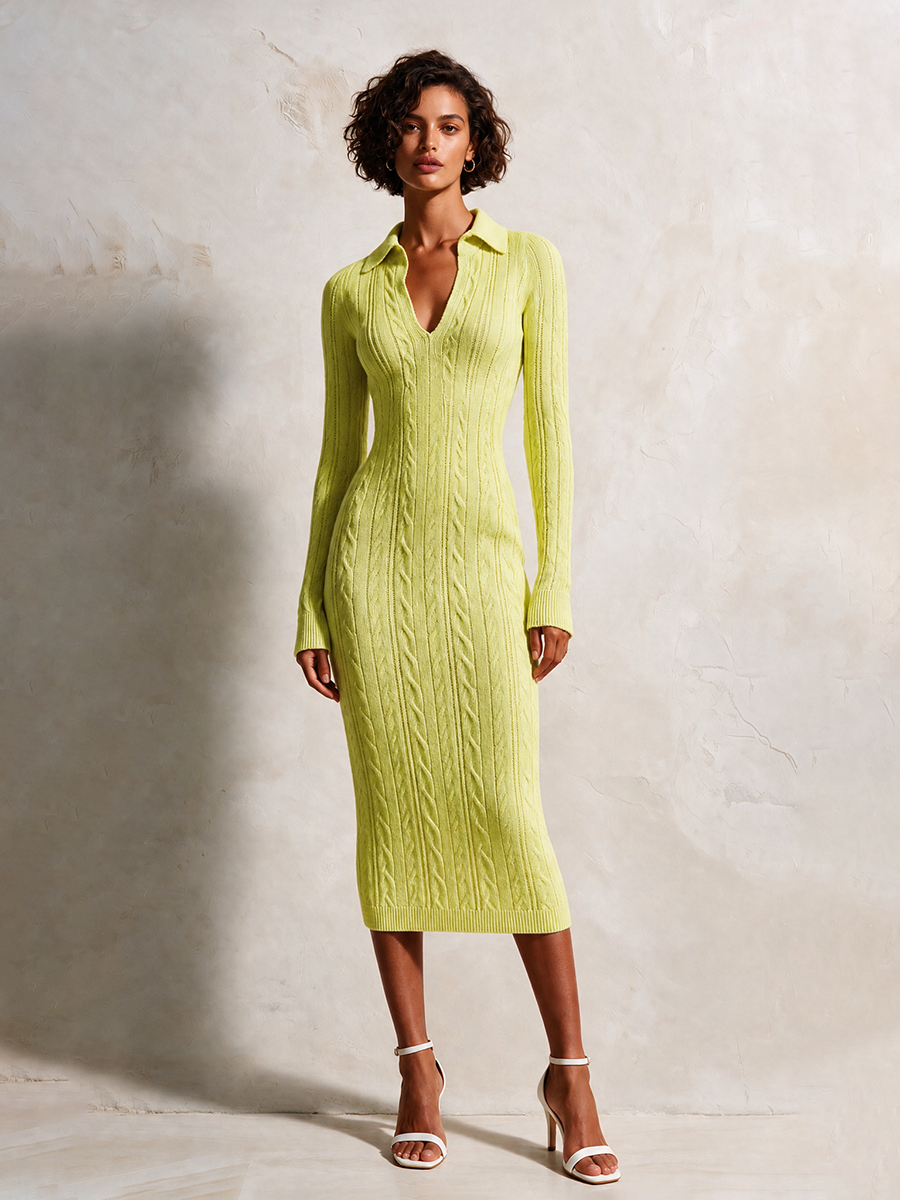 Women's Slim Cable-Knit Polo-Collar Long-Sleeve Bodycon Midi Dress