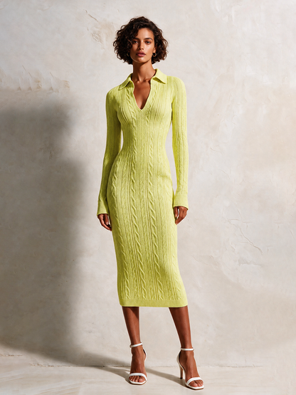 Women's Slim Cable-Knit Polo-Collar Long-Sleeve Bodycon Midi Dress