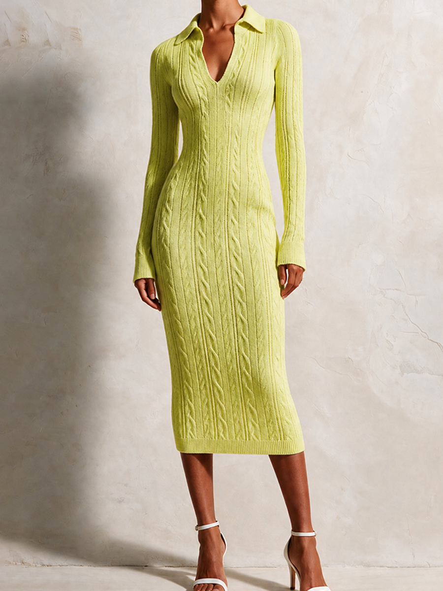 Women's Slim Cable-Knit Polo-Collar Long-Sleeve Bodycon Midi Dress