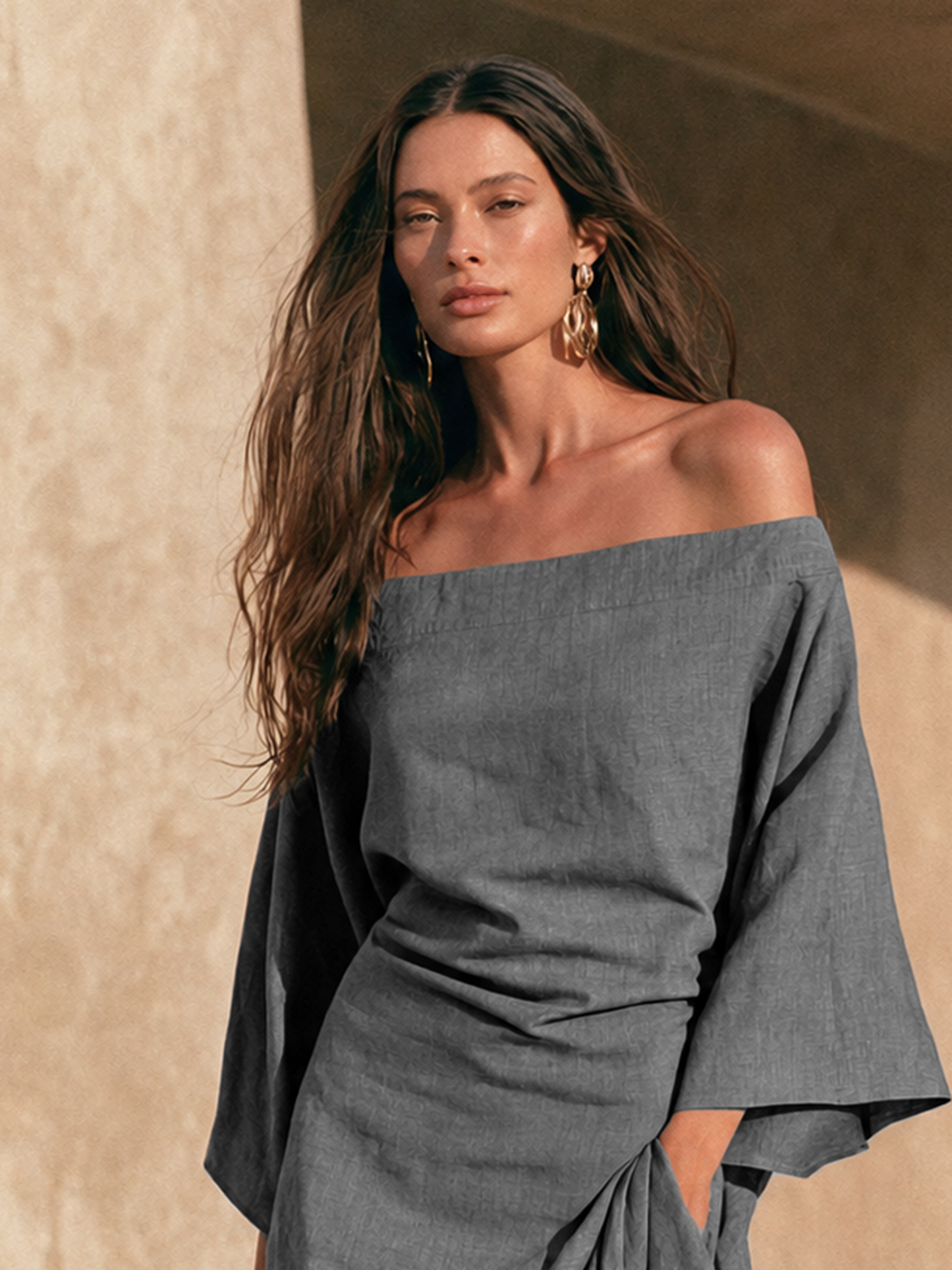 Women's Minimalist Off-Shoulder Maxi Dress With Ruffled Hem And Flared Sleeves