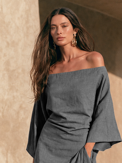 Women's Minimalist Off-Shoulder Maxi Dress With Ruffled Hem And Flared Sleeves