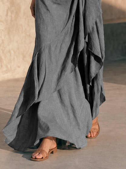 Women's Minimalist Off-Shoulder Maxi Dress With Ruffled Hem And Flared Sleeves