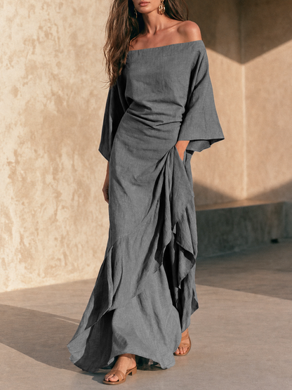 Women's Minimalist Off-Shoulder Maxi Dress With Ruffled Hem And Flared Sleeves