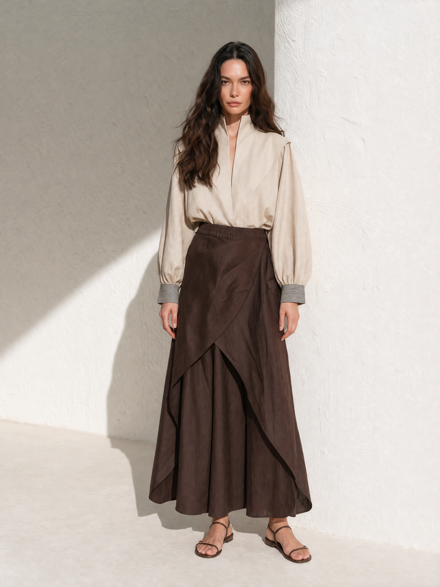 Women's Stand Collar Beige Linen Blouse