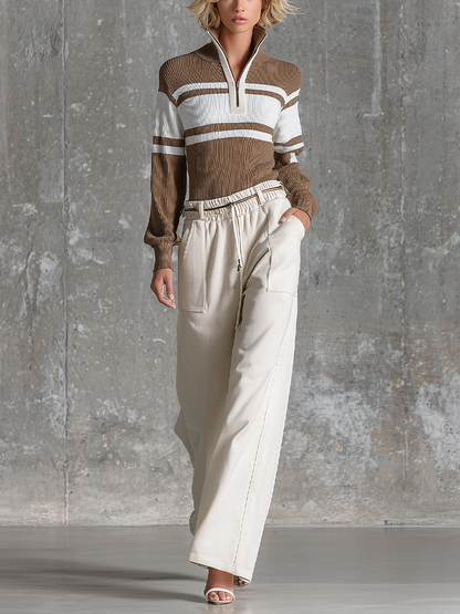 Women's Slim Brown White Ribbed Knit Top
