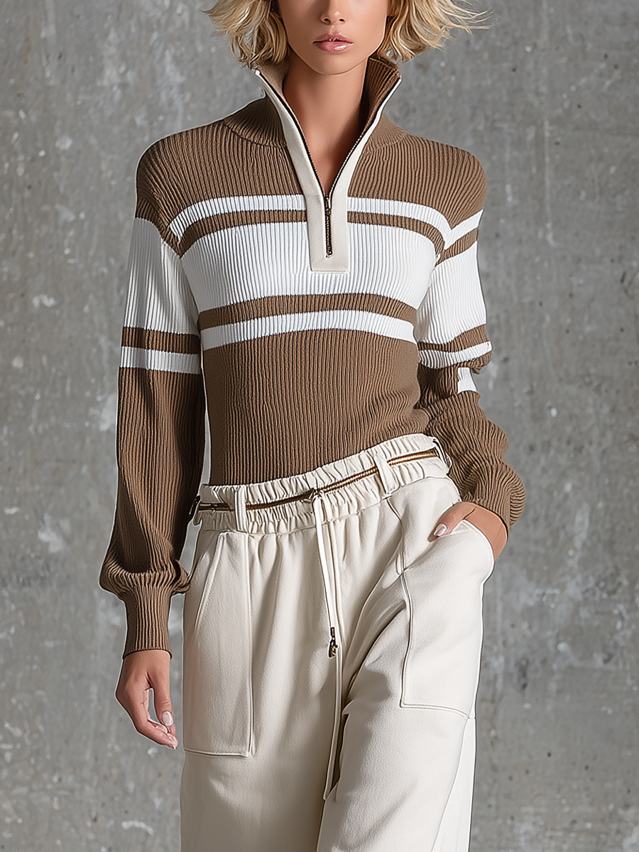 Women's Slim Brown White Ribbed Knit Top