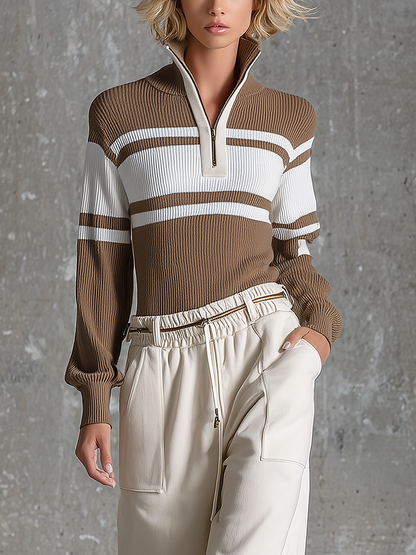 Women's Slim Brown White Ribbed Knit Top