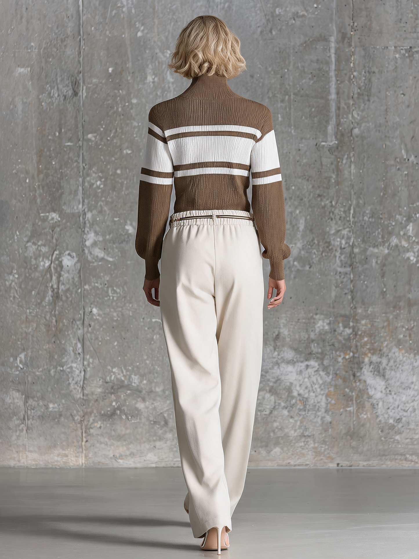 Women's Slim Brown White Ribbed Knit Top