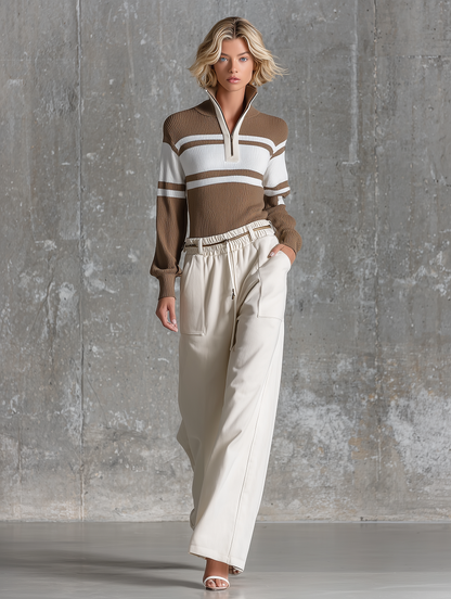 Women's Slim Brown White Ribbed Knit Top