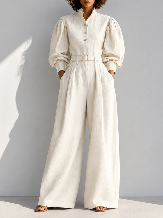 Women's Vintage Stand-Collar Puff-Sleeve Belted Long-Sleeve Top & Wide-Leg Trouser Set