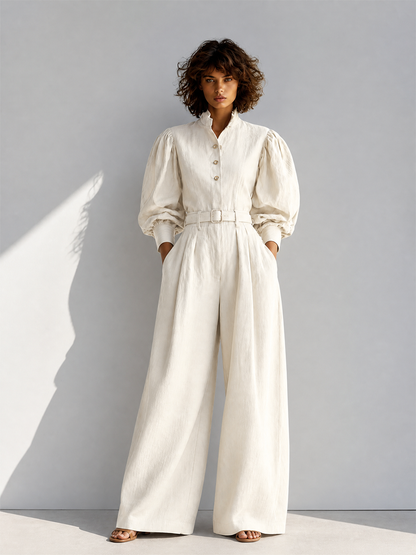 Women's Vintage Stand-Collar Puff-Sleeve Belted Long-Sleeve Top & Wide-Leg Trouser Set