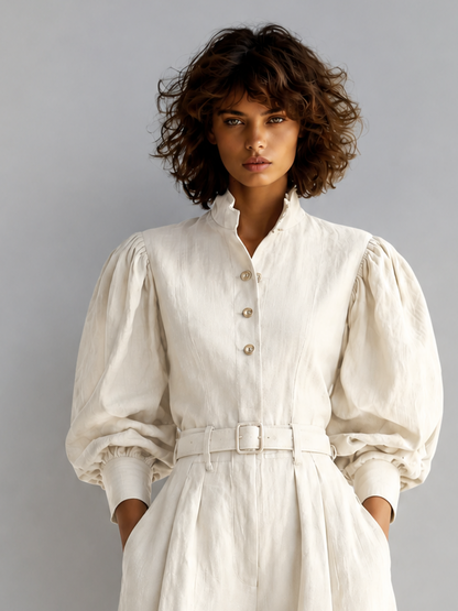 Women's Vintage Stand-Collar Puff-Sleeve Belted Long-Sleeve Top & Wide-Leg Trouser Set
