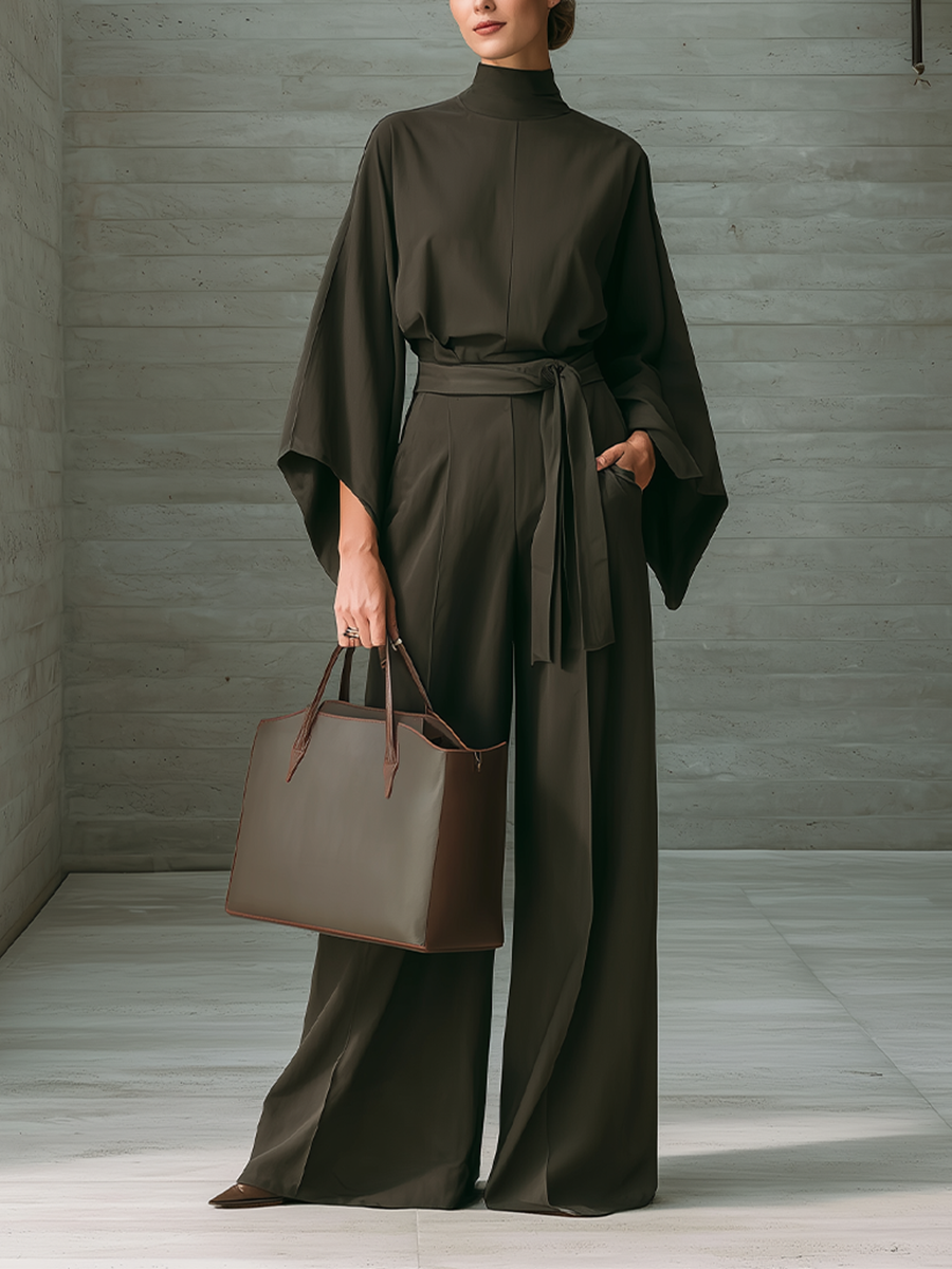 Women's Belted Elegant Solid High Neck Batwing Wide Leg Jumpsuit