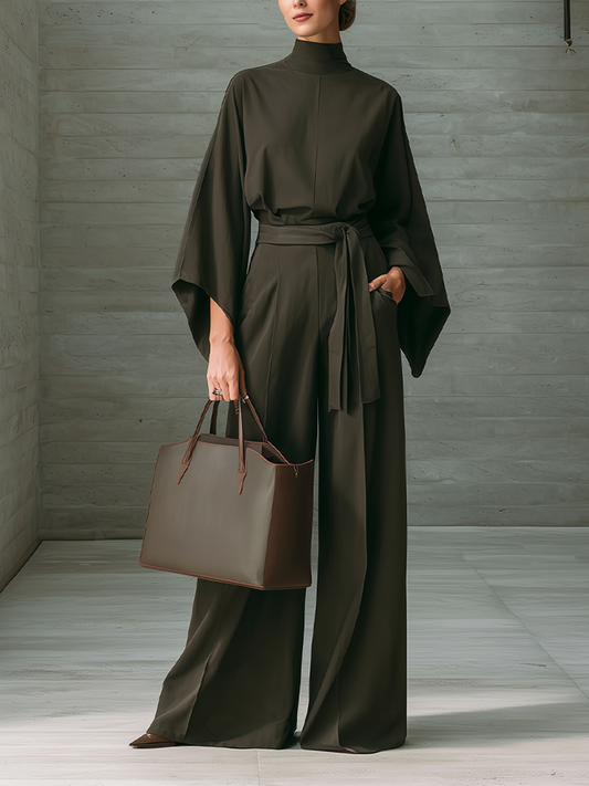 Women's Belted Elegant Solid High Neck Batwing Wide Leg Jumpsuit