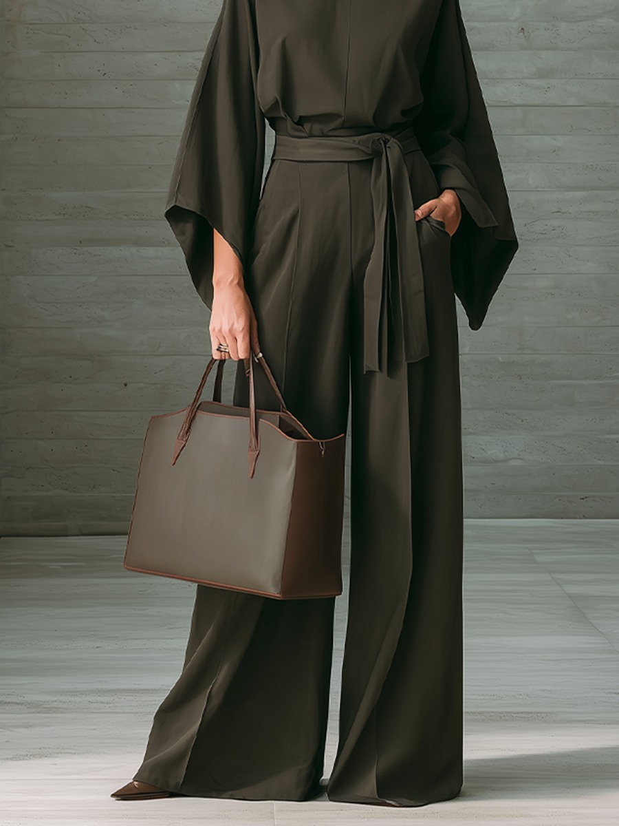 Women's Belted Elegant Solid High Neck Batwing Wide Leg Jumpsuit