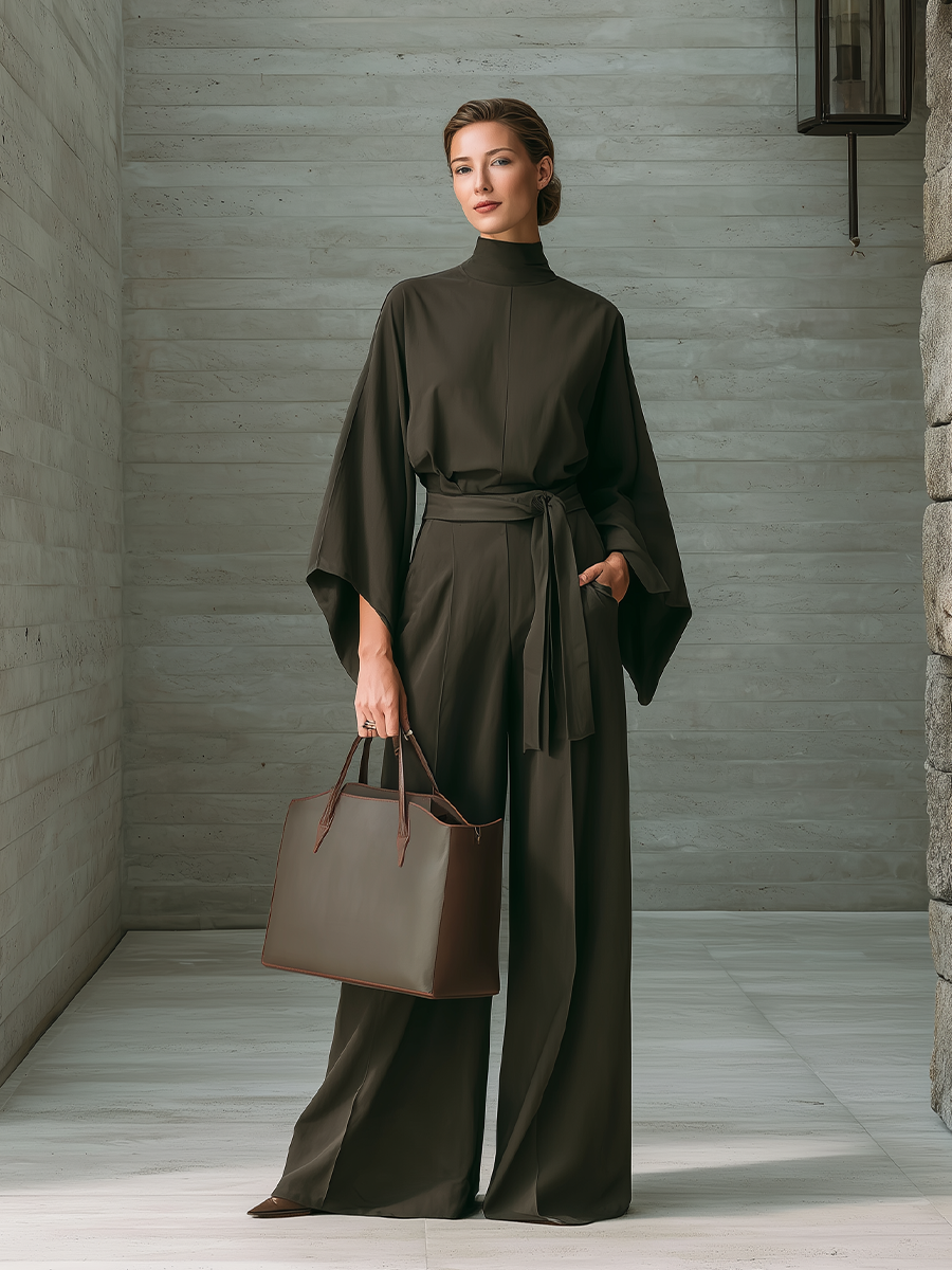 Women's Belted Elegant Solid High Neck Batwing Wide Leg Jumpsuit