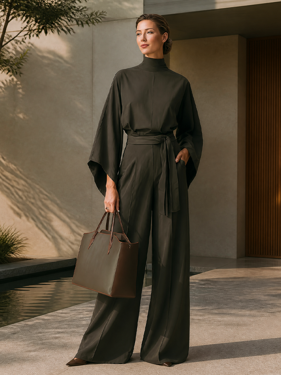 Women's Belted Elegant Solid High Neck Batwing Wide Leg Jumpsuit