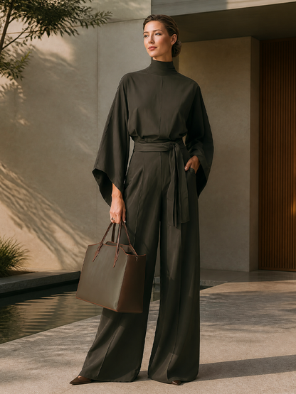Women's Belted Elegant Solid High Neck Batwing Wide Leg Jumpsuit