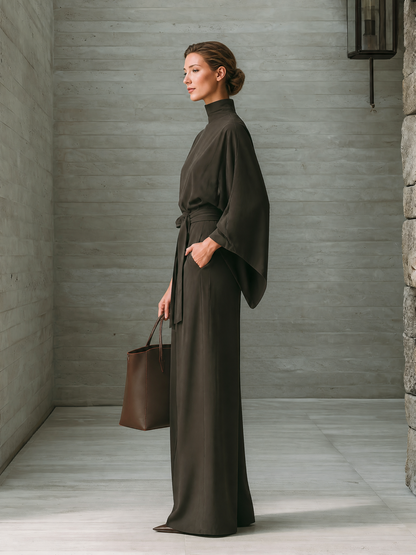 Women's Belted Elegant Solid High Neck Batwing Wide Leg Jumpsuit